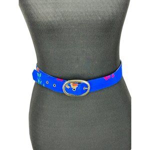 Blue Floral Print Oval Silver Buckle Style Women’s Belt‎ Art Deco Oriental